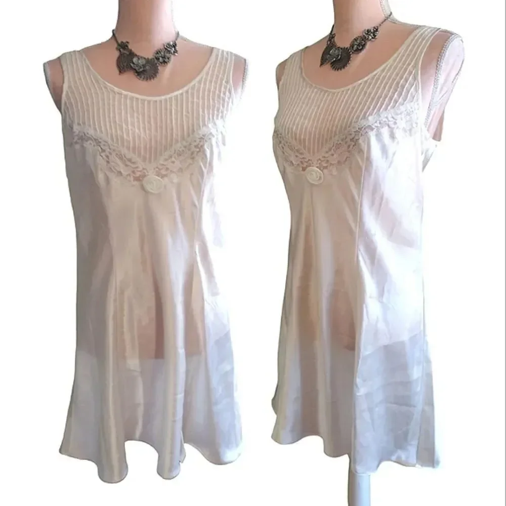 VTG 80s White Satin Floral Lace Rosette Mini Lingerie Slip Dress Small - Picture 9 of 17